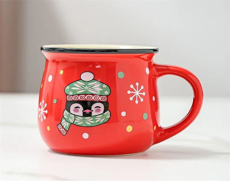350 ml Stor Julklapp Keramikkopp med Tomte, Ren och Mousse – Keramisk Kaffekopp för Kontor eller Hem, Mjölk, Kaffe, Te – Julpresent