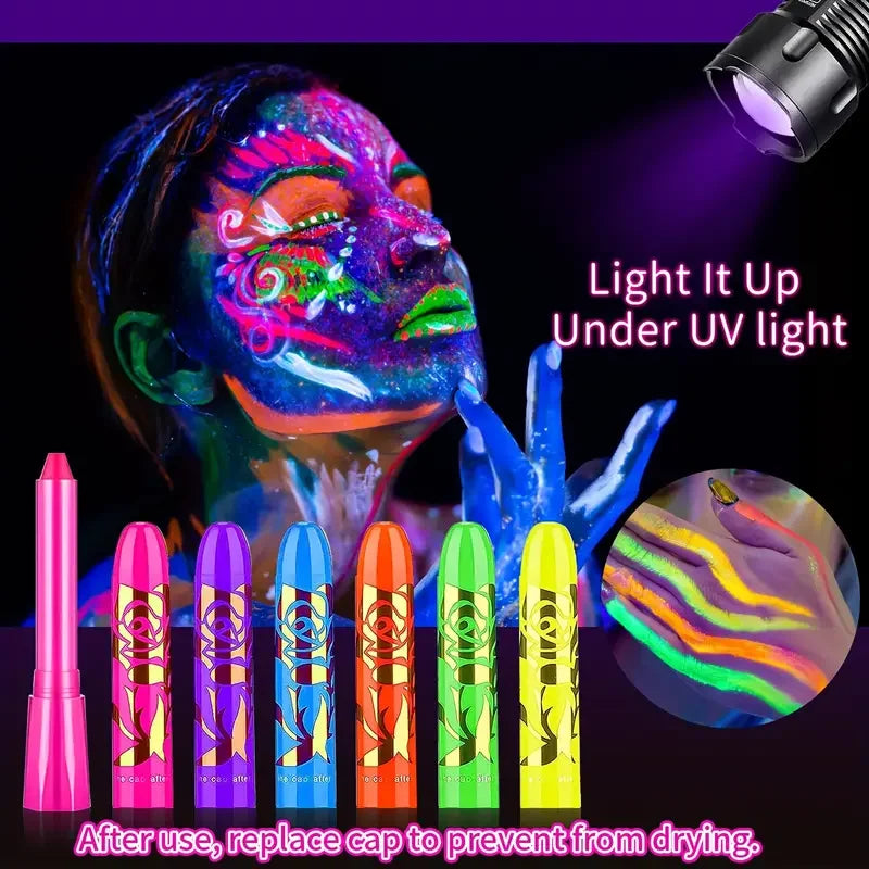 6-delars UV Neon Ansiktsmålning – Lyser i Mörker under UV-ljus – Svartljus Glow Makeup – Tvättbar & Vattenlöslig