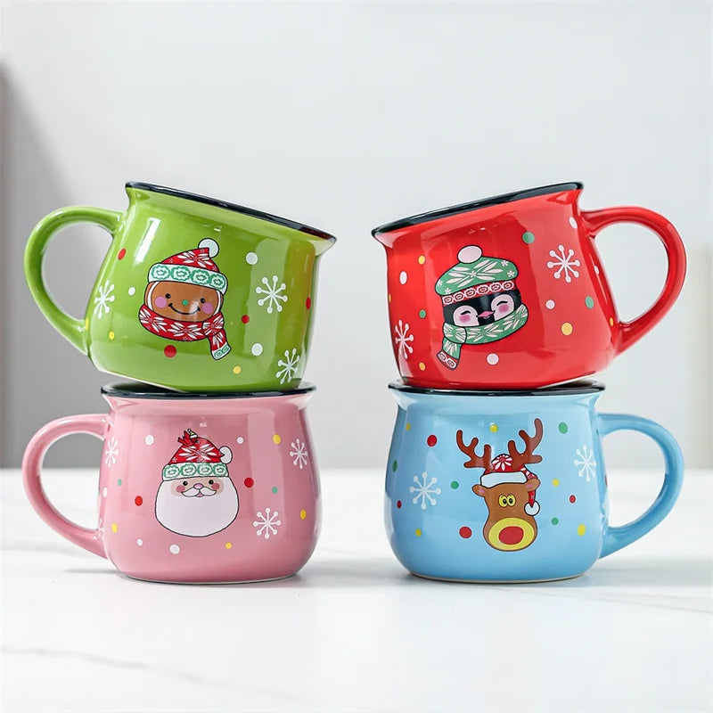 350 ml Stor Julklapp Keramikkopp med Tomte, Ren och Mousse – Keramisk Kaffekopp för Kontor eller Hem, Mjölk, Kaffe, Te – Julpresent
