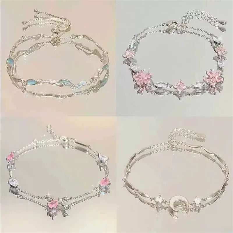 Elegant Kristallarmband med Blommor för Kvinnor – Y2K Stil med Måne, Körsbärsblom & Rosett – Lyxigt Designerarmband i Zirkon