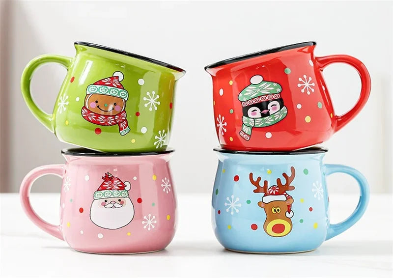 350 ml Stor Julklapp Keramikkopp med Tomte, Ren och Mousse – Keramisk Kaffekopp för Kontor eller Hem, Mjölk, Kaffe, Te – Julpresent