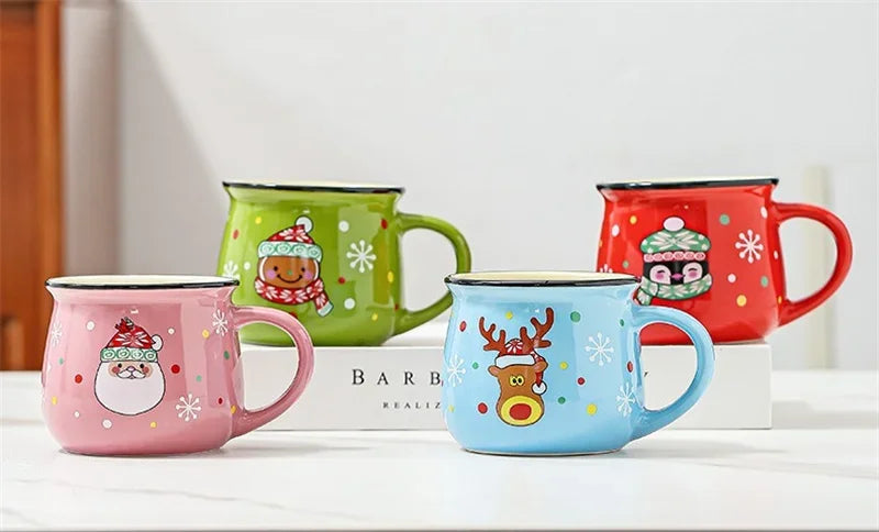 350 ml Stor Julklapp Keramikkopp med Tomte, Ren och Mousse – Keramisk Kaffekopp för Kontor eller Hem, Mjölk, Kaffe, Te – Julpresent