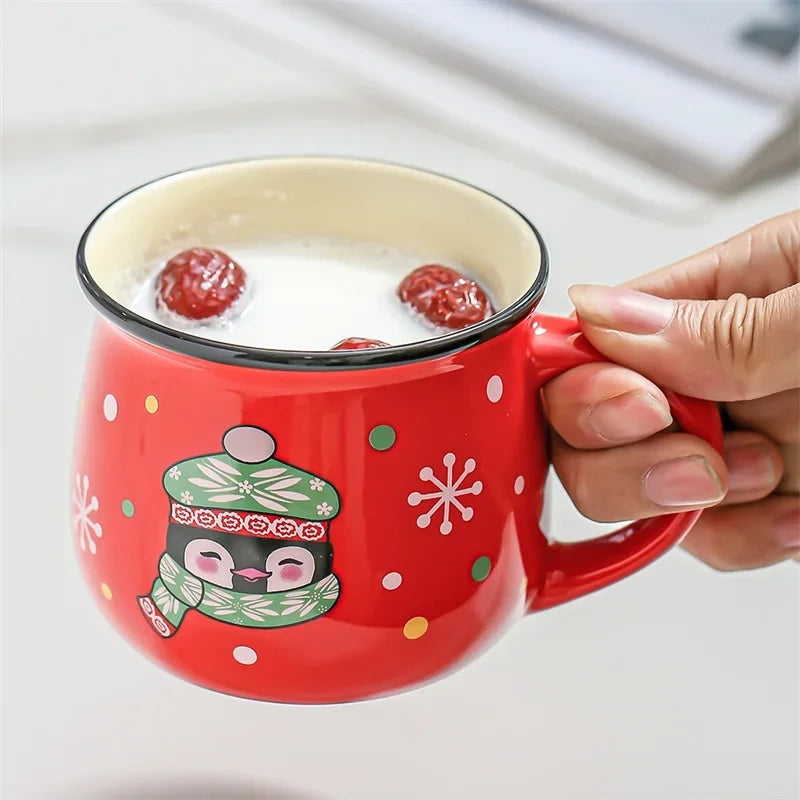 350 ml Stor Julklapp Keramikkopp med Tomte, Ren och Mousse – Keramisk Kaffekopp för Kontor eller Hem, Mjölk, Kaffe, Te – Julpresent
