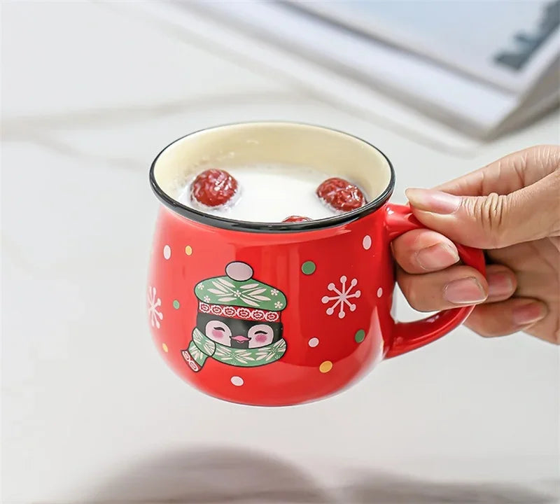 350 ml Stor Julklapp Keramikkopp med Tomte, Ren och Mousse – Keramisk Kaffekopp för Kontor eller Hem, Mjölk, Kaffe, Te – Julpresent