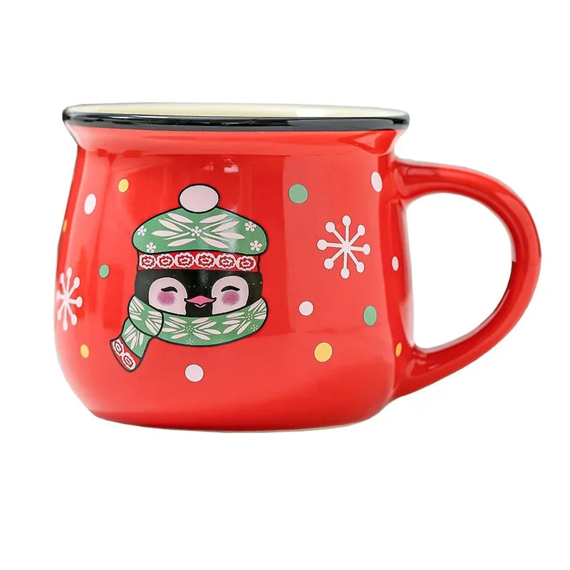 350 ml Stor Julklapp Keramikkopp med Tomte, Ren och Mousse – Keramisk Kaffekopp för Kontor eller Hem, Mjölk, Kaffe, Te – Julpresent