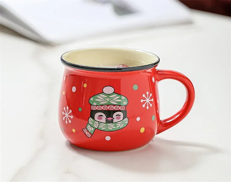 350 ml Stor Julklapp Keramikkopp med Tomte, Ren och Mousse – Keramisk Kaffekopp för Kontor eller Hem, Mjölk, Kaffe, Te – Julpresent
