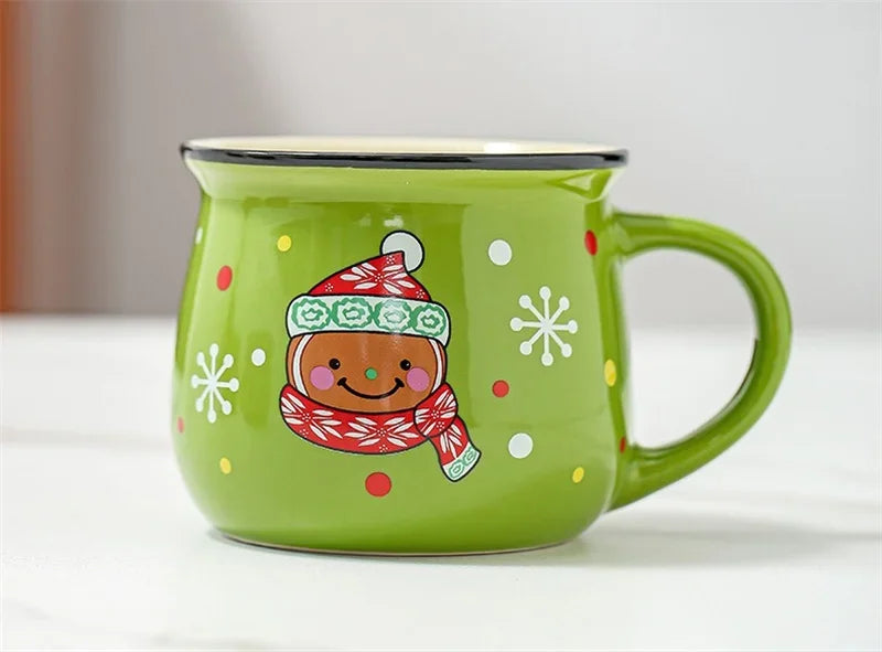 350 ml Stor Julklapp Keramikkopp med Tomte, Ren och Mousse – Keramisk Kaffekopp för Kontor eller Hem, Mjölk, Kaffe, Te – Julpresent