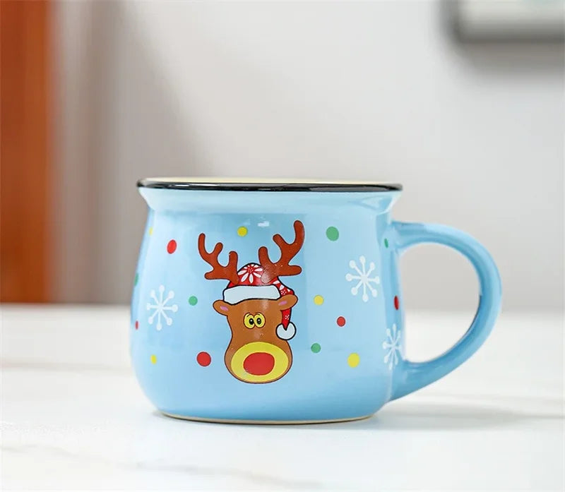 350 ml Stor Julklapp Keramikkopp med Tomte, Ren och Mousse – Keramisk Kaffekopp för Kontor eller Hem, Mjölk, Kaffe, Te – Julpresent
