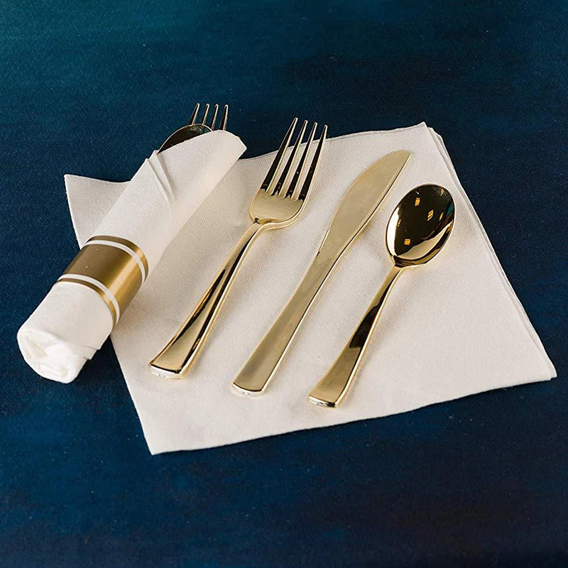 25 st engångsbestickset med servett – förbruksartiklar för bröllop, pappershandduk, för-rullat plastbestickset, guldbestick, födelsedagsfestdekoration