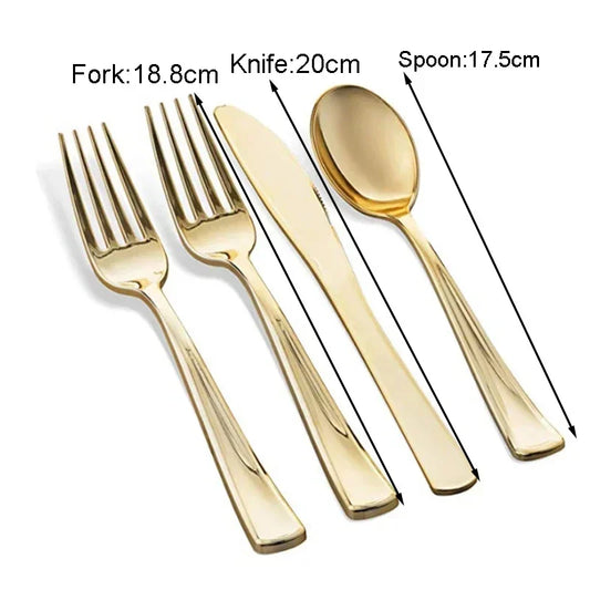 25 st engångsbestickset med servett – förbruksartiklar för bröllop, pappershandduk, för-rullat plastbestickset, guldbestick, födelsedagsfestdekoration