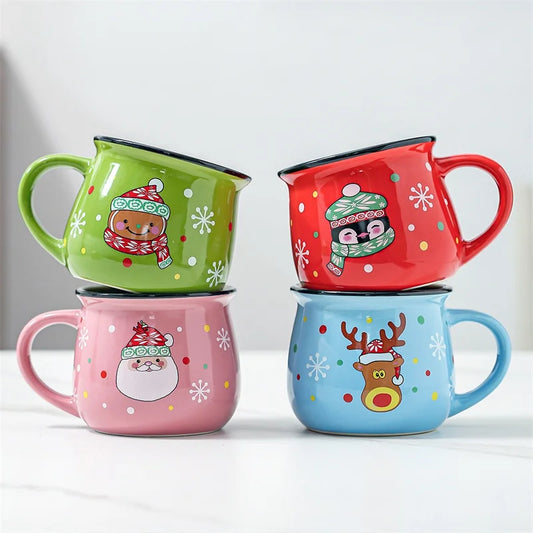 350 ml Stor Julklapp Keramikkopp med Tomte, Ren och Mousse – Keramisk Kaffekopp för Kontor eller Hem, Mjölk, Kaffe, Te – Julpresent