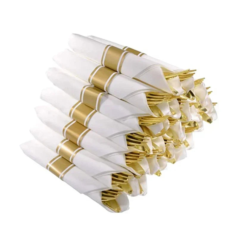 25 st engångsbestickset med servett – förbruksartiklar för bröllop, pappershandduk, för-rullat plastbestickset, guldbestick, födelsedagsfestdekoration