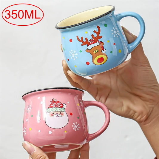 350 ml Stor Julklapp Keramikkopp med Tomte, Ren och Mousse – Keramisk Kaffekopp för Kontor eller Hem, Mjölk, Kaffe, Te – Julpresent