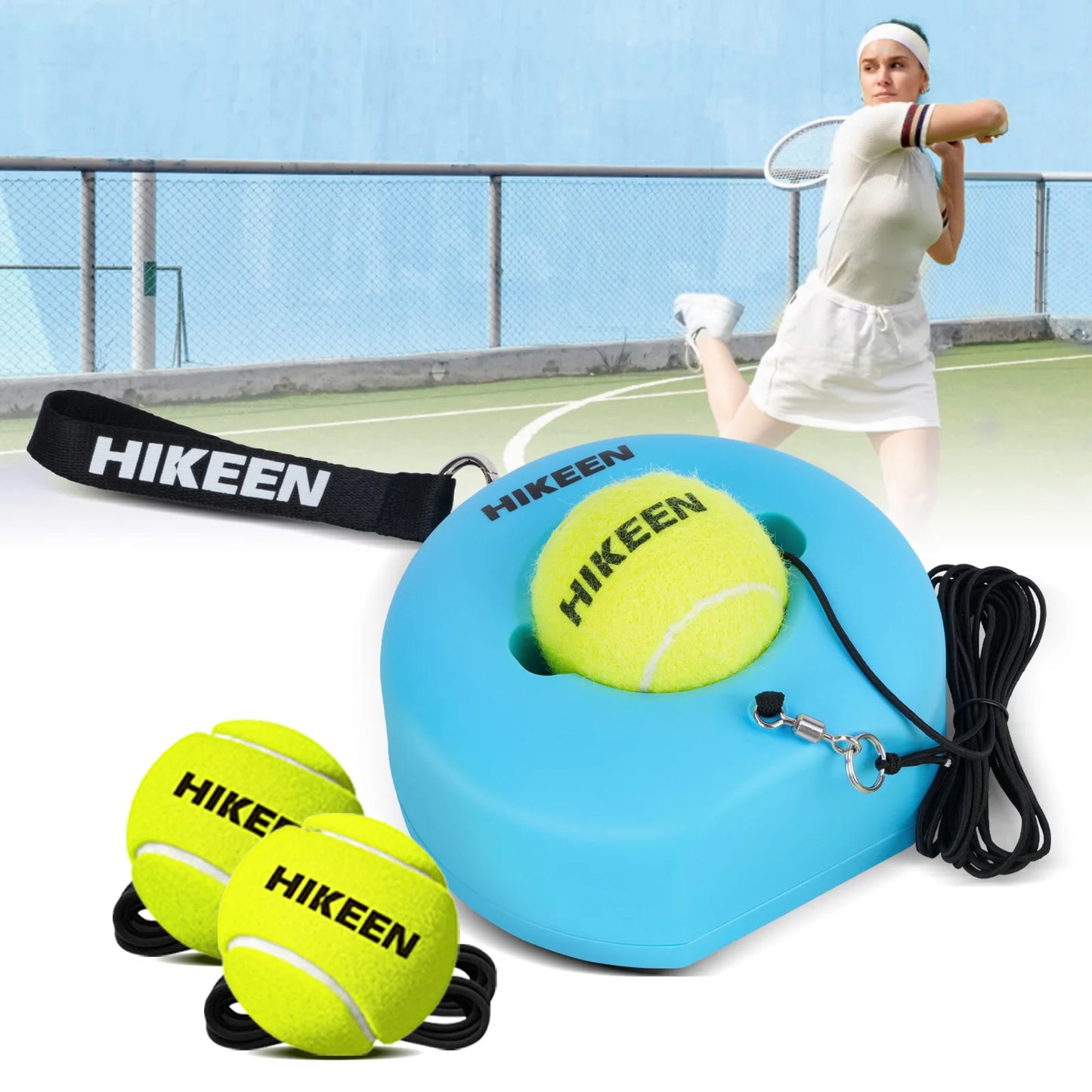 Hikeen Premium Tennis Trainer Rebound med metallbas, portabelt solo-tennisträningsset med 3 högelastiska bollar