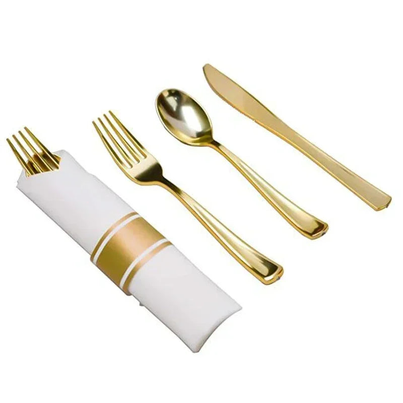 25 st engångsbestickset med servett – förbruksartiklar för bröllop, pappershandduk, för-rullat plastbestickset, guldbestick, födelsedagsfestdekoration