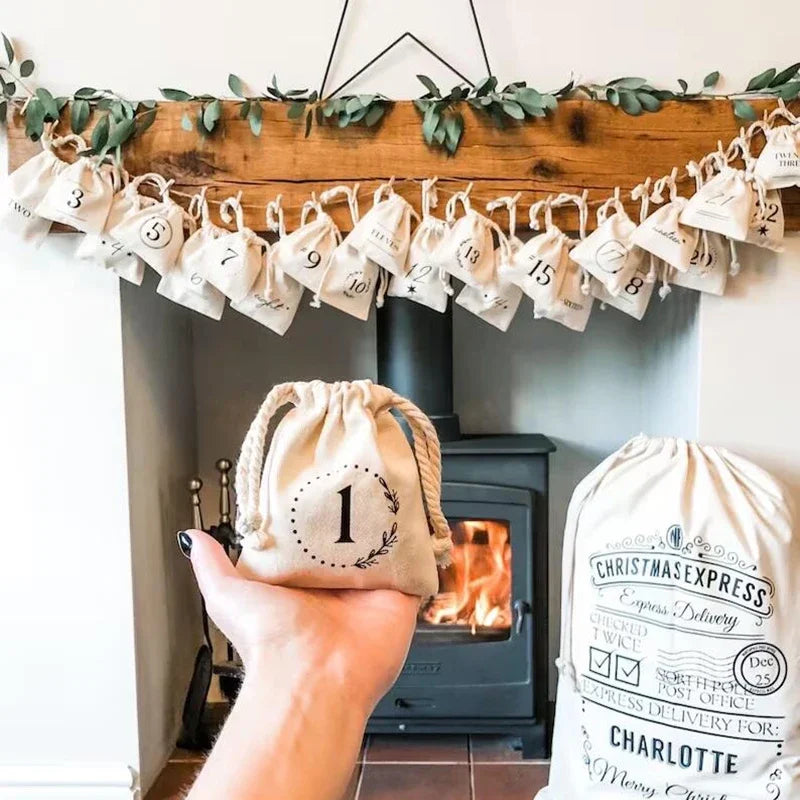 2025 Julkalenderpåse – God Jul Strumpa för Hem, Dörr, Bord, Spiselkrans – Juldekoration, Present till Barn, Pojke, Flicka
